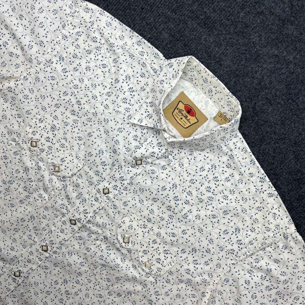 Larry Mahan Western Shirt Mens Large White Blue Floral Pearl Snap Short Sleeve